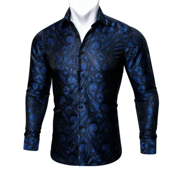 Barry.Wang Moda Azul Marinho Paisley Camisa de Seda Homens de Manga Longa Casual Flor Shirts Para os Homens Designer de Ajuste Vestido de Camisa BCY-0051
