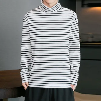 Homens de Gola alta Camisolas de Manga Longa Camiseta Listrada Inverno Quente Básicas de Camisas de Homem, Vestuário de Moda Slim Fit Tops Estilo coreano