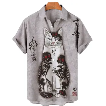 Unisex 2022 Estilo Japonês Camisa da Banda T-shirt Topo Camisa Havaiana Animal Gato de Impressão 3d Camisas de Verão Camisas masculinas Roupas de Estimação
