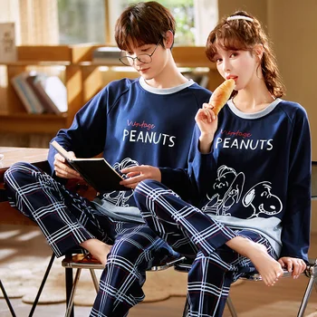 O coreano Moda Algodão Loungewear Casais Pijama Conjunto de Mulheres Homewear Homens de Pijamas, Outono Casual de Suspensão Superior Calça Mujer homme Novo
