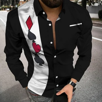 Moda Camisa de Homens Vire para baixo de Gola Camisas Casuais Preto-E-Branco de poker de Impressão Tops de Manga Longa Mens Roupas de Streetwear Cardigan