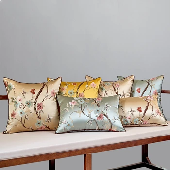 Chinês bordado de flores capa de almofada em tecido de cetim lombar travesseiro capa de sofá lombar fronha de almofada 45x45/45x30/40x60/55x55