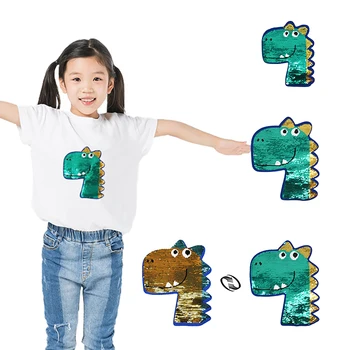 Moda Dinossauro de Lantejoulas Patches para Roupas de T-shirt Cor-de mudança de Patch de DIY de Roupas infantis Manual de Costura, Patch Apliques