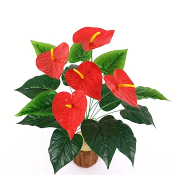 18fork/ramo Vermelho Anthurium Mais de Cola de Simulação de Plantas Verdes Sala de estar, Varanda Shopping de Decoração Falso Flor Ornamentos