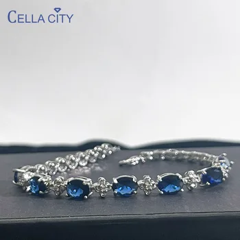 Cella Cidade De Luxo 100% 925 Silver Pulseiras Para A Mulher Com Safira Azul Pedra Preciosa Senhora De Finas Jóias Por Atacado Presente