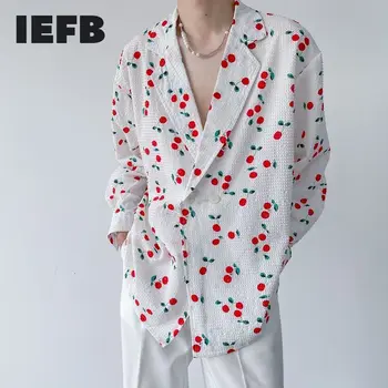 IEFB Homens Vintage Cereja Imprimir Camisa de Manga Longa 2023 Nova Moda Entalhado Confortável Respirável Double Breasted Camisas Soltas