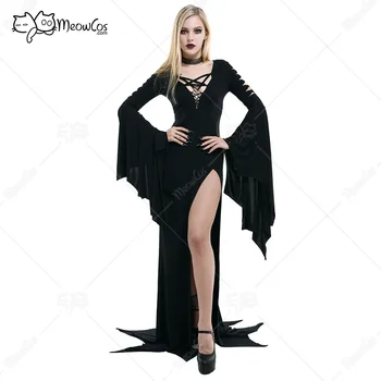 Halloween Dark Gótica Vintage Elegante Mulher Morcego Bruxa Estilo Soft De Malha, Rendas Forma De V, Mangas Compridas Lado-De-Fenda, Vestido De Traje De Roupa