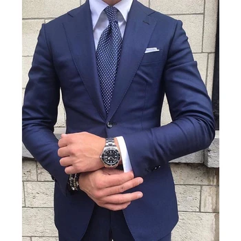 Azul marinho Mens Ternos Slim Fit 2 Peças de Negócio Formal de Casamento do Noivo Smoking Masculino de Moda de Trajes da Jaqueta com Calças