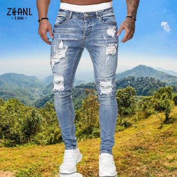 Homens de Moda Jeans Rasgados Streetwear Mens Preto Jeans Slim Fit Hip Hop Calças Skinny de Alta Qualidade de Jeans, Roupas Casuais, Calças