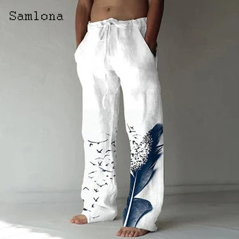 Samlona Plus Size Homens Stand Bolso Casual Cordão Calças de Linho, Calças Impressão de Penas Mens de Calças de Moda Hip Hop Cavallari