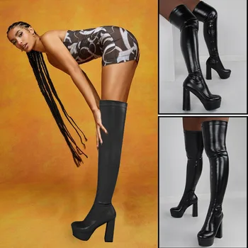 RIBETRINI Sexy Rodada Toe Plataforma Salto Alto Zip Coxa Botas Altas de Mulheres, Em 2022, o Design da Marca Sobre O Joelho Longas Botas Pretas de Damasco