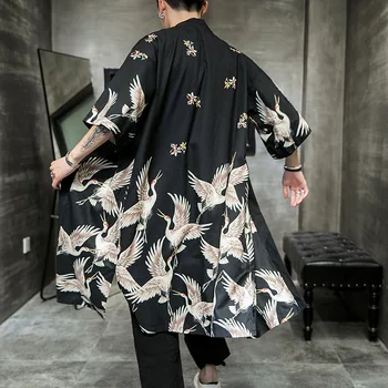 Plus Size Yukata Haori Guindaste Impresso Homens Japonês Quimono Casaquinho De Samurai Roupa Do Traje De Jaqueta