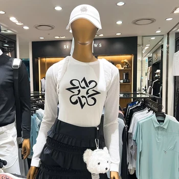 Novo Golf Mulheres T-Shirt Gola Redonda, Manga Longa de Moda Versátil Meninas de Flor de Roupas