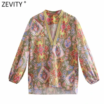 Zevity Mulheres do Vintage de Pescoço de V Bordado em Patchwork Totem estampa Floral Blusa Femme Quimono Lado de Divisão Camisa Chique Blusas, Tops LS9545
