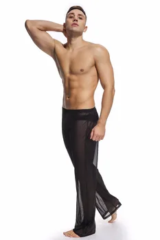 Frete grátis, masculina casual home de malha calças calças de yoga sexy de baixo de cintura juventude líquida de gaze transparente