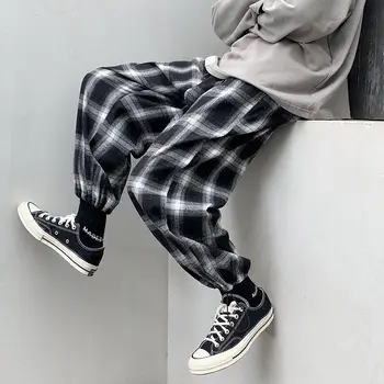 Verão Calças Axadrezadas Moda masculina Solta Hip Hop Calças Casuais coreano Masculina Calça Harém Todos-correspondência Confortável Corredores Streerwear