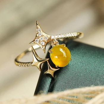 Prata 925 esterlina de amarelo natural de calcedônia luz de luxo forma de estrela anel de noivado ajustável romântico brilhante jóia das senhoras