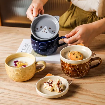 Japonês de cerâmica desenhos animados do gato caneca bonito pequeno-almoço copo criativo xícara de café com tampa de leite copa do casal copo de água