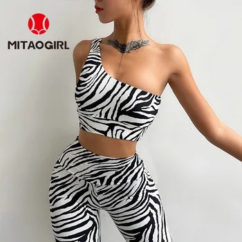 MITAOGIRL Um Ombro Inclinado Ombro de Impressão de Zebra Sutiã para as Mulheres Sexy Reuniu correr ao ar livre Fitness Yoga Bra Tops