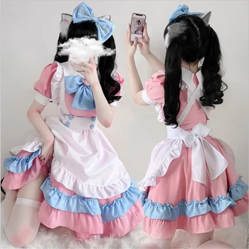 Kawaii Lolita Anime Empregada Roupa Cor-De-Rosa + Azul Cosplay De Limpeza Roupa Lolita Saia Do Traje Bonito Japonês Cosplay Fantasia Anime Roupa