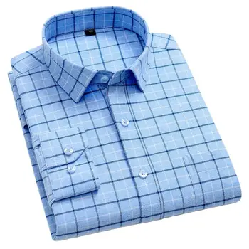 Xadrez em Azul claro Camisas para Homens, 100% Algodão, Lixa Tecido Verificado Trabalho informal Homem de Negócios Sociais da Camisa Macia de Espessura Outono de Novo