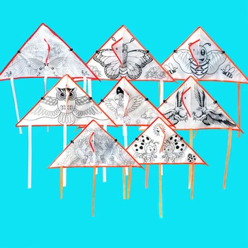 1set Montessori Kite DIY Cartoon Pintura Kite Crianças Dobrável Exterior Kite Crianças Brinquedo do Esporte Educação Pipa Com Identificador de Linha E de