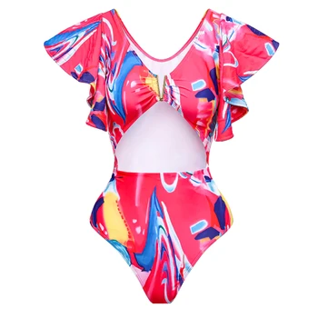 Moda Cor de Impressão Oco de Um Maiô de Peça Elegante traje de praia Alça de Chiffon Tampa Mulheres de Cintura Alta sem costura, roupas de Banho