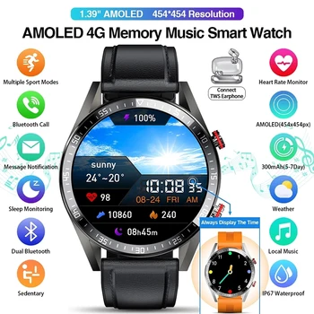 454*454 ecrã AMOLED de smart watch Sempre exibir o tempo de chamada bluetooth local de música smartwatch para homens Android TWS fones de ouvido