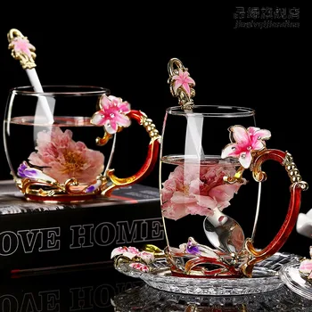 Vermelho amarelo lily Esmalte Cristal Xícara de Chá da Flor de Vidro de Alta qualidade Copo de Vidro Flor Caneca com Handgrip Presente Perfeito Para o Amante de Casamento