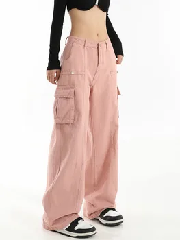 As mulheres de cor-de-Rosa Macacão de Perna Larga Carga de Calças para Mulheres coreano de Moda de Nova Cintura Alta Solto e Casual Calças Vintage da década de 2000 Streetwear Novo