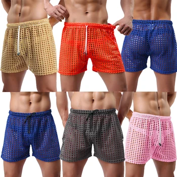 Homens Sexy Shorts Ocasionais de Ocos Solta Respirável Calcinha Cueca Verão Board Shorts Ver Através de Cuecas em Cuecas de 2XL