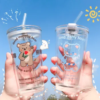 1 / 2pcs animal bonito urso de vidro, à prova de vazamento de palha xícara, copo de água, suco, leite do copo copo copo de vidro para beber