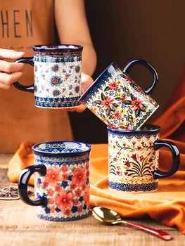Polónia Cerâmica Caneca de Café Desenhados a Mão de Margarida 440ml Grande Capacidade Xícara de Café com Leite, micro-ondas Usar Xícara (chá)