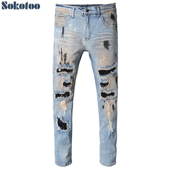 Sokotoo Homens vintage buracos rebite patch slim, skinny jeans rasgados Casual de moda pintada angustiado jeans mendigo calças