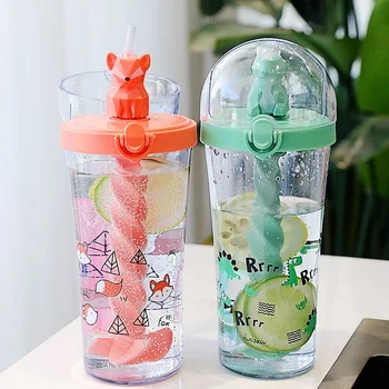 Copo criativo bonito engraçado garrafa de água de animal bonito design com palha de plástico, garrafa de água de desenhos animados mistura copa menina de coração copa