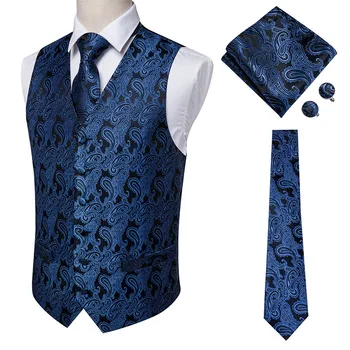 Oi Tie-Marinha Paisley 100% Seda Vestido de Colete Conjunto Para Homens Azul Escuro Jacquard Homens de Terno de Colete Masculino Colete Para o Casamento Formal Jaqueta