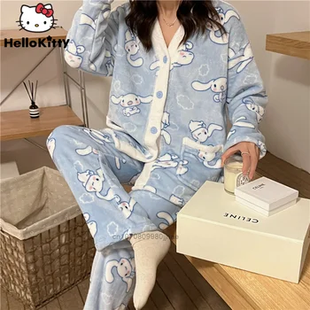 Inverno Sanrio Moda Cinnamoroll de Pelúcia de Pijamas para Mulheres Casa Linda Ternos Thicked Roupas Quentes Menina Casual 2PCS Camisola Feminina
