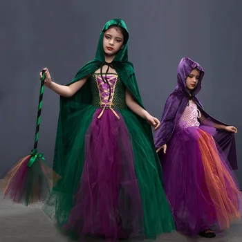 Halloween Bruxa Fantasias para Meninas Crianças de Tule Preto Longo Vestido de Roupa Com o Chapéu Cabo Menina Carnaval Vestido de Festa Vestidos de Princesa