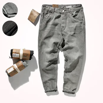 2020 Outono Inverno Novo peso-Pesado Jeans Moda masculina Grossa Retro-Americano Casual Lavado Velho Cônica Reta Calças Jeans