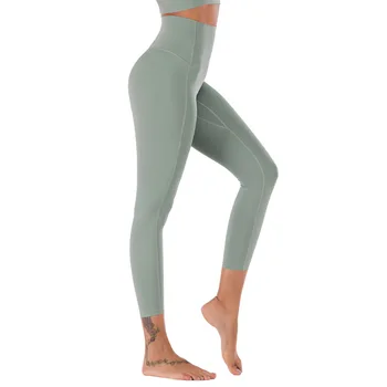 Não embaraçoso nude calças de fitness para mulheres de cintura alta, calças de elástico apertado yoga esportes execução nove ponto de calças