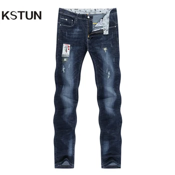 KSTUN Homens Jeans Stretch Azul Escuro Slim Fit Rasgado Motociclista calça Jeans Homem Casual Patchwork Hip hop Mens Calças de Jeans, Roupas Dropshipping