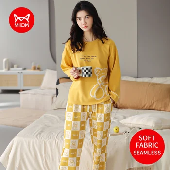 MiiOW Amarelo desenho animado do Urso de Pijama Conjunto de Soft Dormir Manta de Algodão de manga comprida, Calças de Outono E Inverno Loungewear Pijama