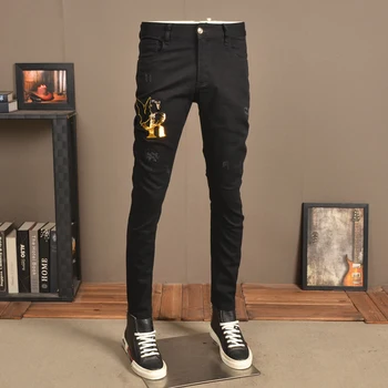 Homens Ripped Black Jeans Moda Verão Bordado de Ajuste Fino de Lápis, Calças de Streetwear Casual, de Jeans, Calças