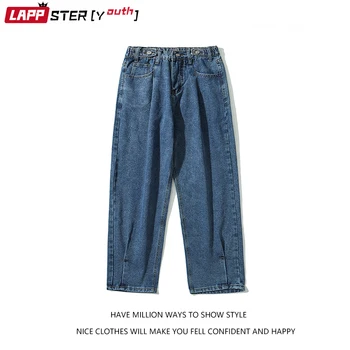 LAPPSTER-Jovens Homens de Preto Sólido Largas Calças Jeans 2022 Mens Japonês Streetwear Harajuku, Denim, Calças de Homem de Perna Larga coreano Jeans