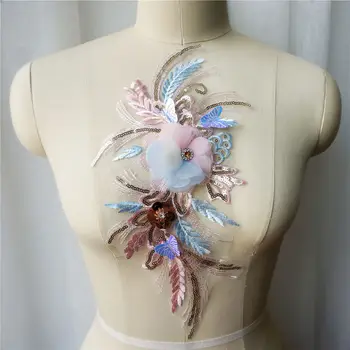 Rosa Azul Borboleta 3D Flor do Laço de Tecido de Paetês Borla Esferas de Bordado Vestido de Apliques de Colarinho Costurar Patch Para Decoração de Casamento